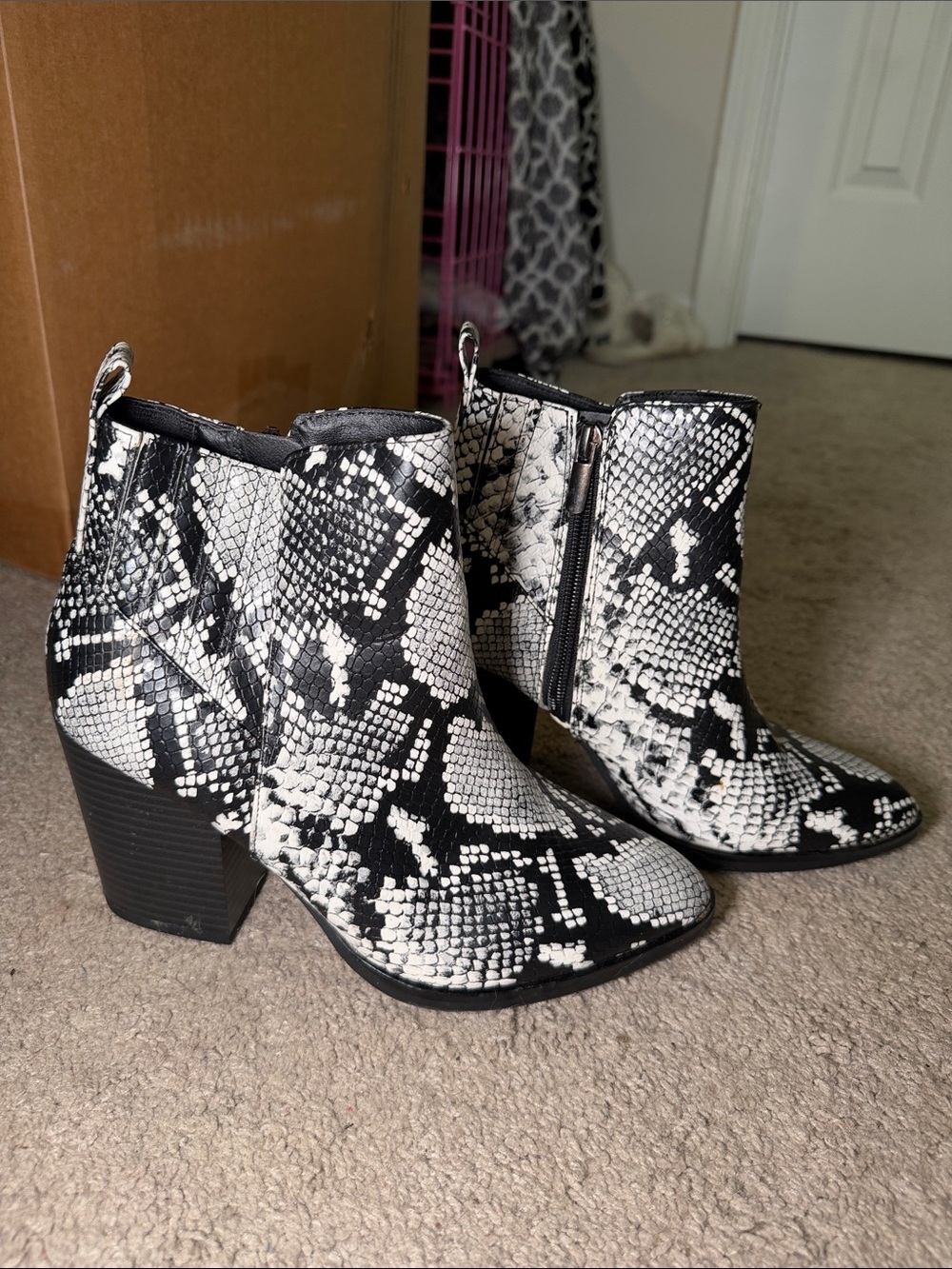 Women’s Black & White Snake Print Ankle Boots